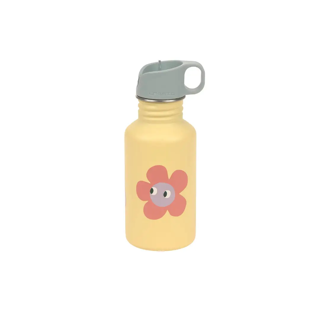 Gourde LÄSSIG 500 ml jaune avec fleur rose et bouchon gris à anse