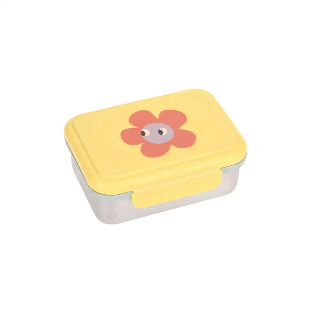 LÄSSIG lunchbox happy trails flowers, yellow lid with red flower motif and purple center, white base