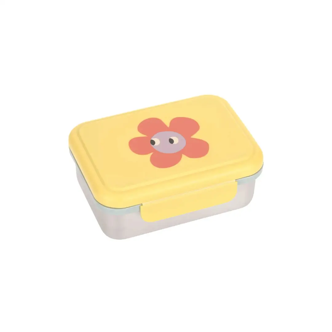 LÄSSIG lunchbox happy trails flowers, yellow lid with red flower motif and purple center, white base