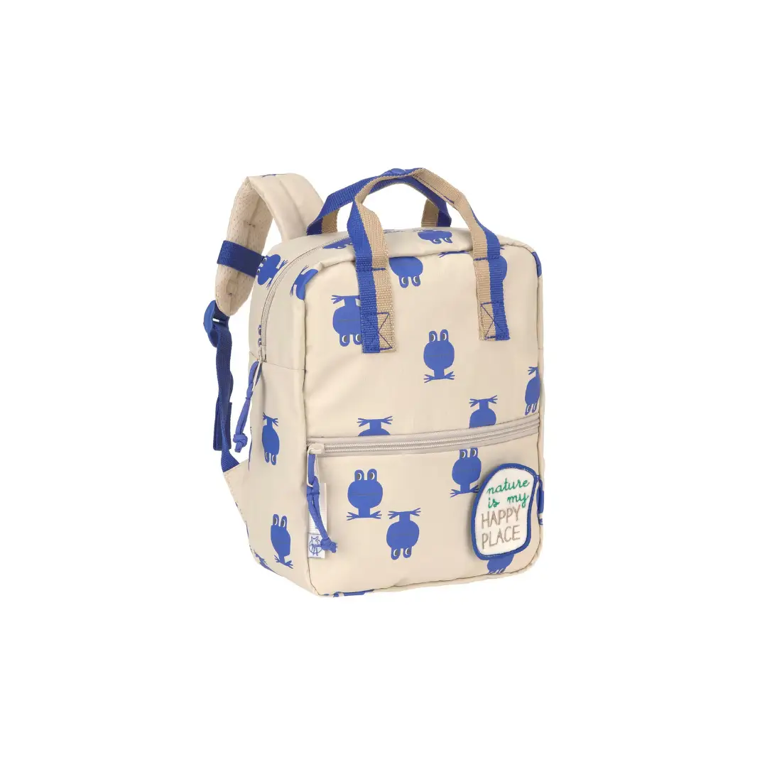 LÄSSIG sac-à-dos mini square frog backpack by Citron Grenadine; beige with blue frog pattern