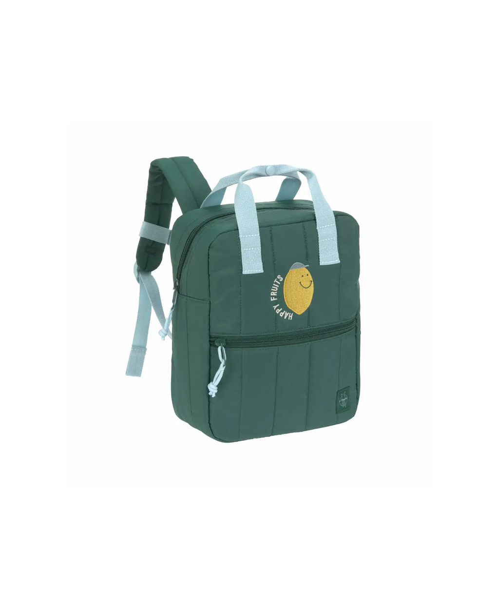 Sac à dos mini carré vert avec poignées et bretelles bleu ciel, motif citron jaune