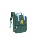 Sac à dos mini carré vert avec poignées et bretelles bleu ciel, motif citron jaune