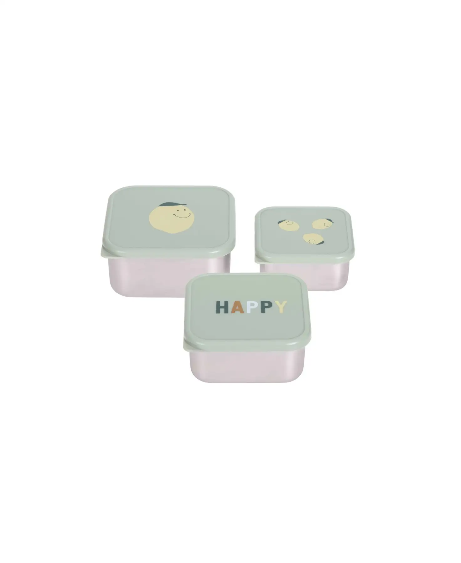 LÄSSIG set de 3 boîtes à collation pastel vert menthe et rose, couvercles décorés avec visages et HAPPY