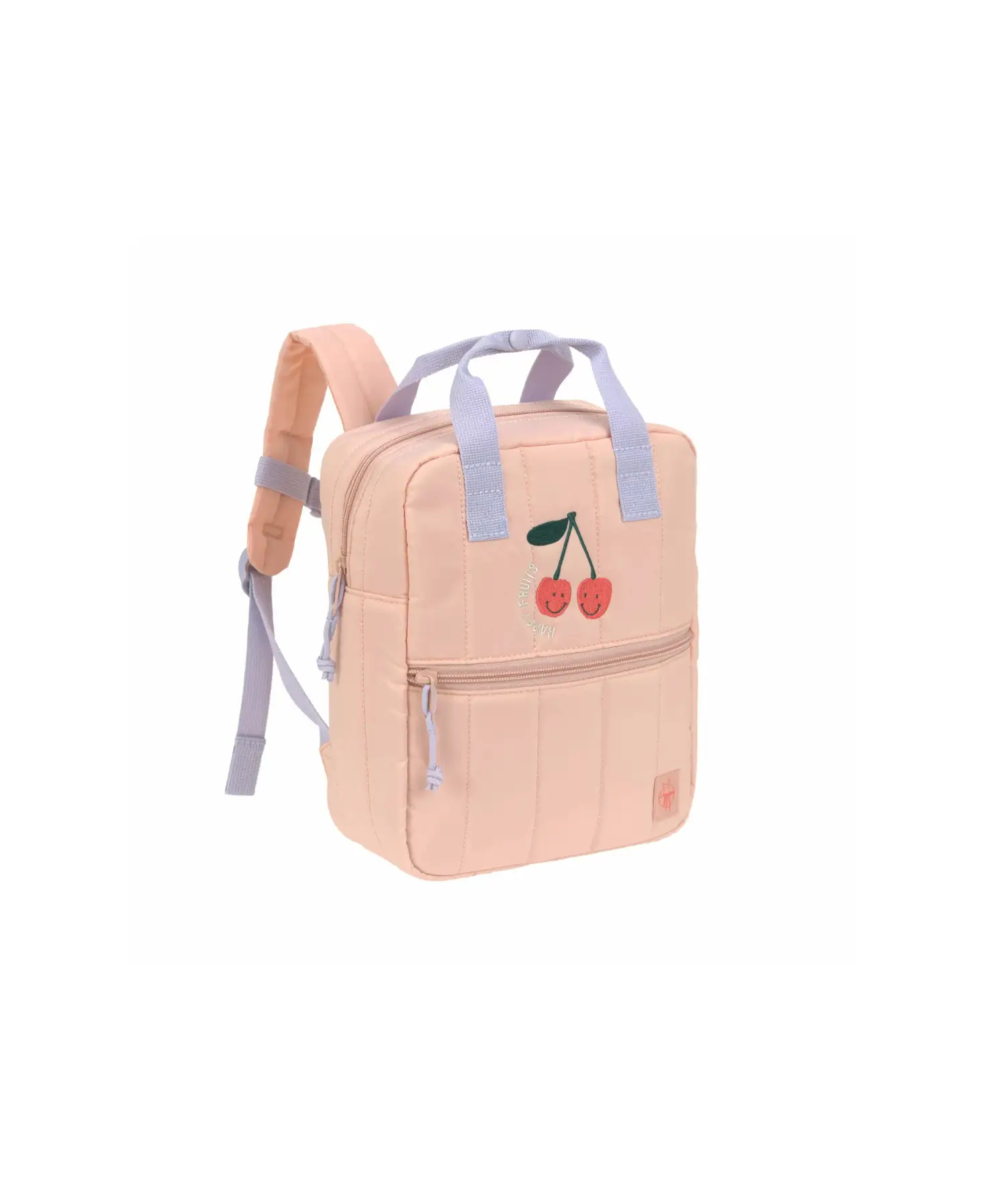 LÄSSIG mini square school backpack peach with lavender straps and cherry embroidery