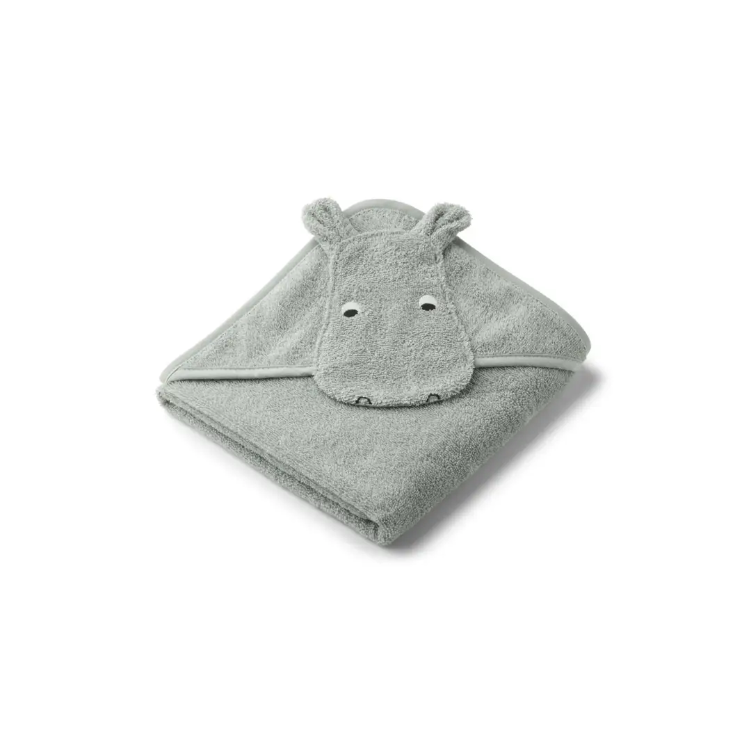LIEWOOD Albert baby hooded towel cape in dove blue with hippo face