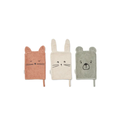 LIEWOOD Sylvester bath mitts trio in beige, rust and gray with cat, bunny and bear faces