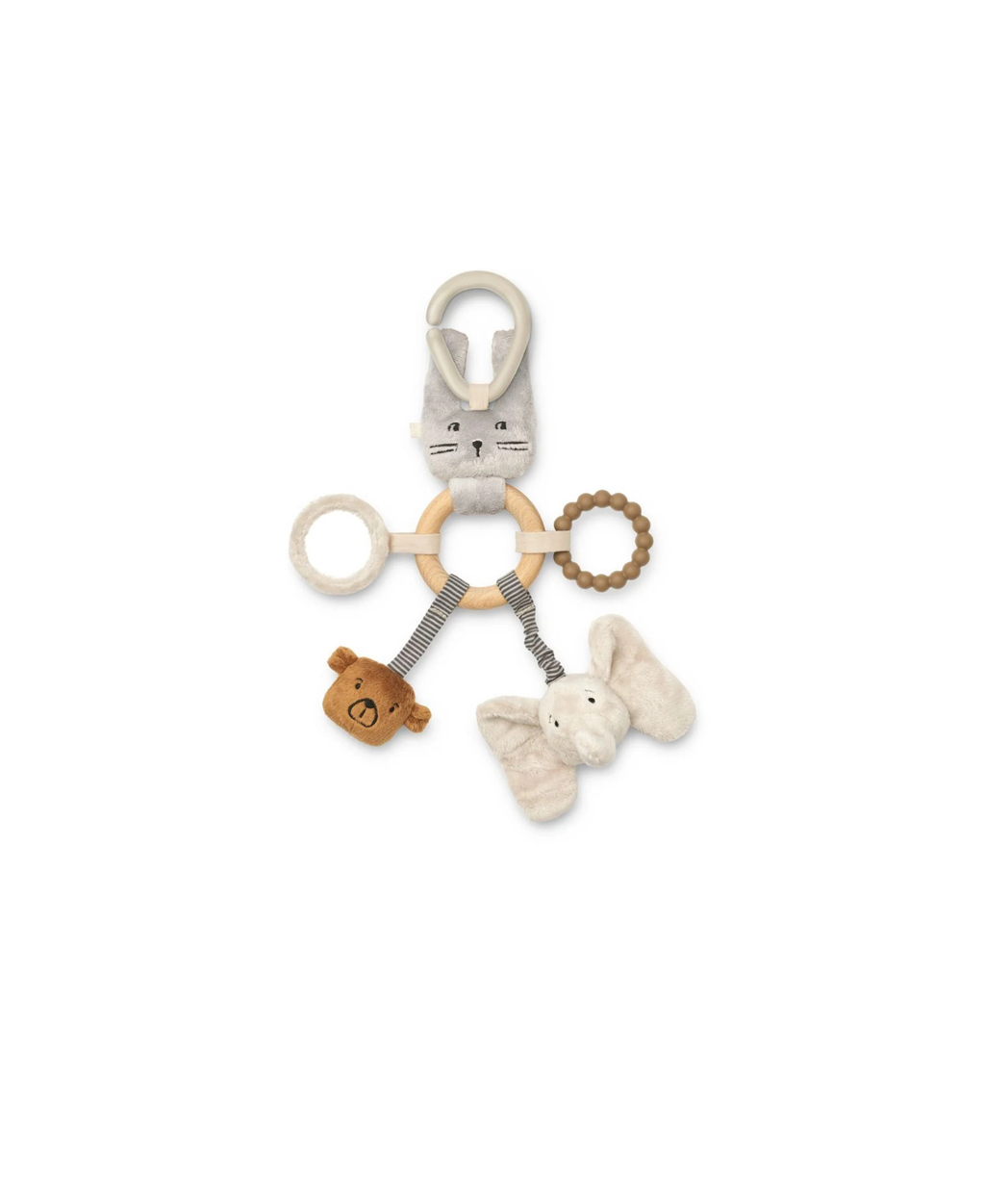 LIEWOOD hochet Angie mist mix; plush cat head, beige teething ring, wooden ring, beaded circle, bear and elephant charms