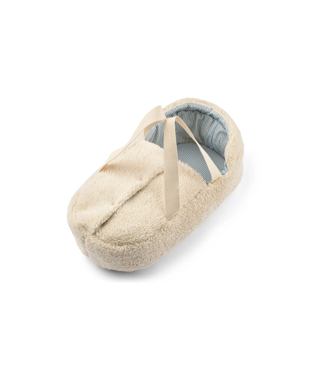 Doll cradle Melisse in sandy plush with blue striped interior and beige handles