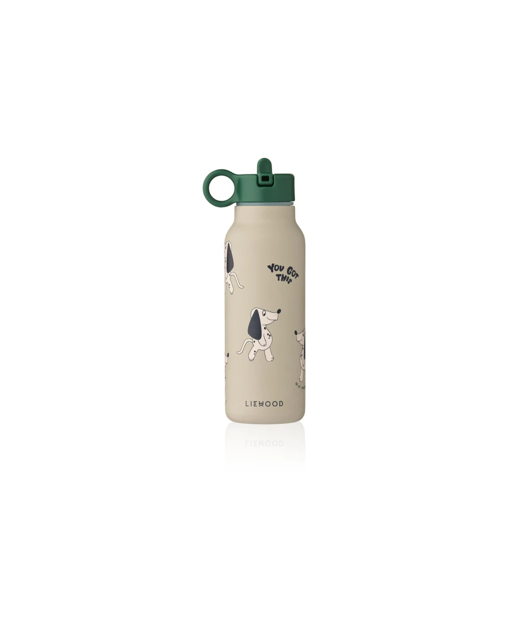 LIEWOOD gourde 350ml with green cap; beige bottle with dog illustrations and You Got This text