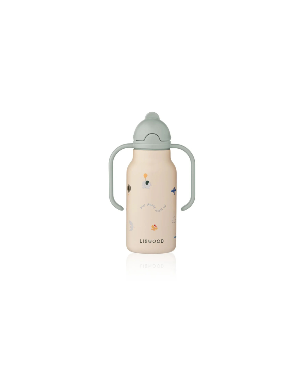 LIEWOOD KIMMIE 250ml sippy bottle with gray lid and twin handles on pale peach body with playful prints.