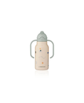 LIEWOOD KIMMIE 250ml sippy bottle with gray lid and twin handles on pale peach body with playful prints.