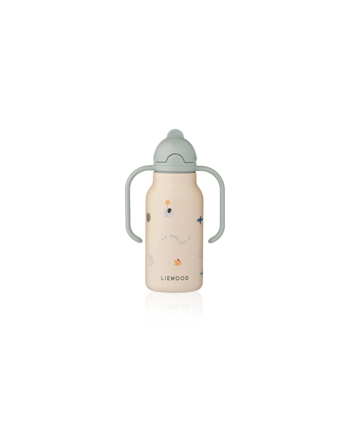 LIEWOOD KIMMIE 250ml sippy bottle with gray lid and twin handles on pale peach body with playful prints.
