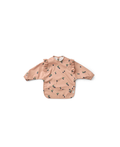LIEWOOD Merle bib with berry pale Tuscany print; long-sleeve pink bib with green leaf berries and ruffle shoulders.