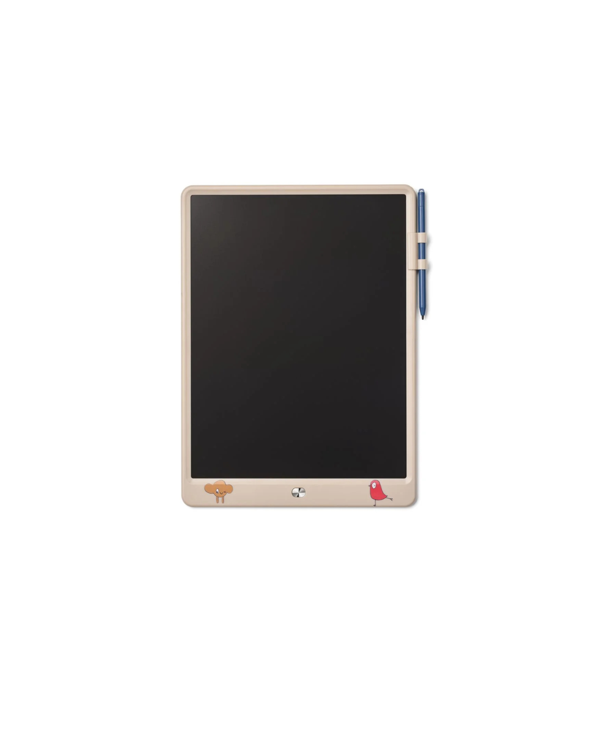 Tablette à dessin LIEWOOD, cadre beige avec stylet bleu attaché, surface noire et petites mascottes en bas.