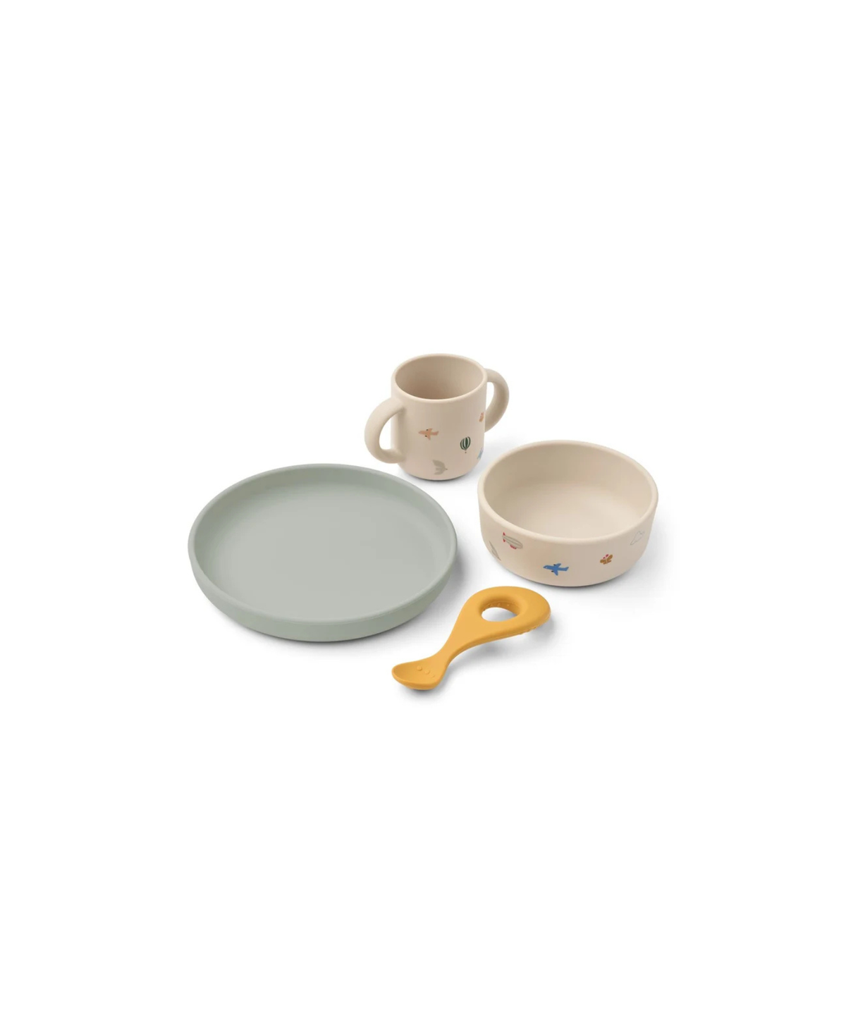 LIEWOOD set repas VIVI imagine sandy - ensemble 4 pièces: assiette gris-vert, bol beige, tasse crème et cuillère jaune