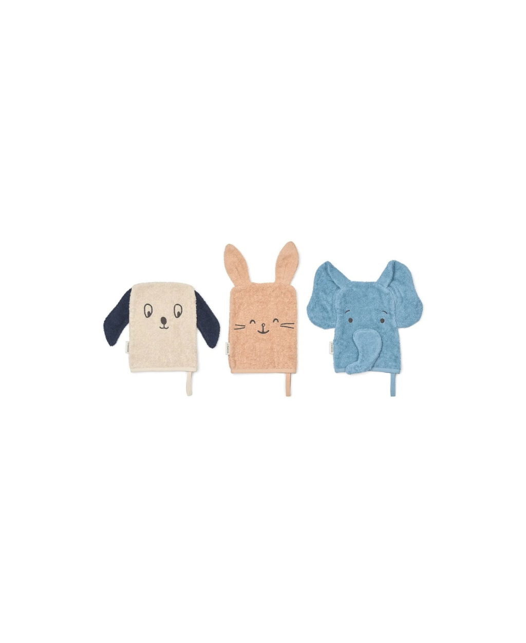 LIEWOOD Sylvester baby wash mitts, 3-piece pale Tuscany mix: beige dog, peach bunny, blue elephant