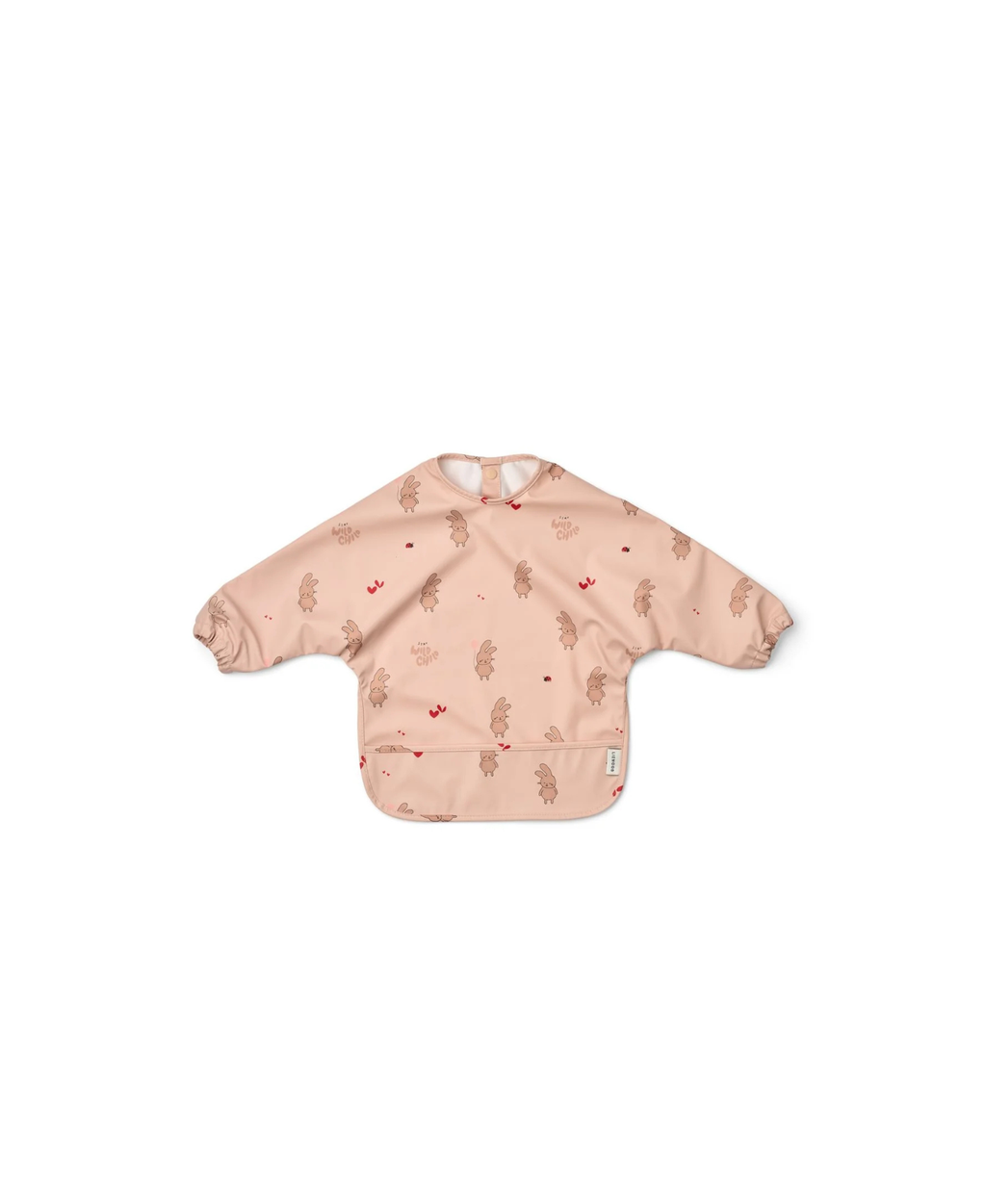 LIEWOOD bavoir Merle pink bib with bunny print and red hearts; long-sleeved with front pocket