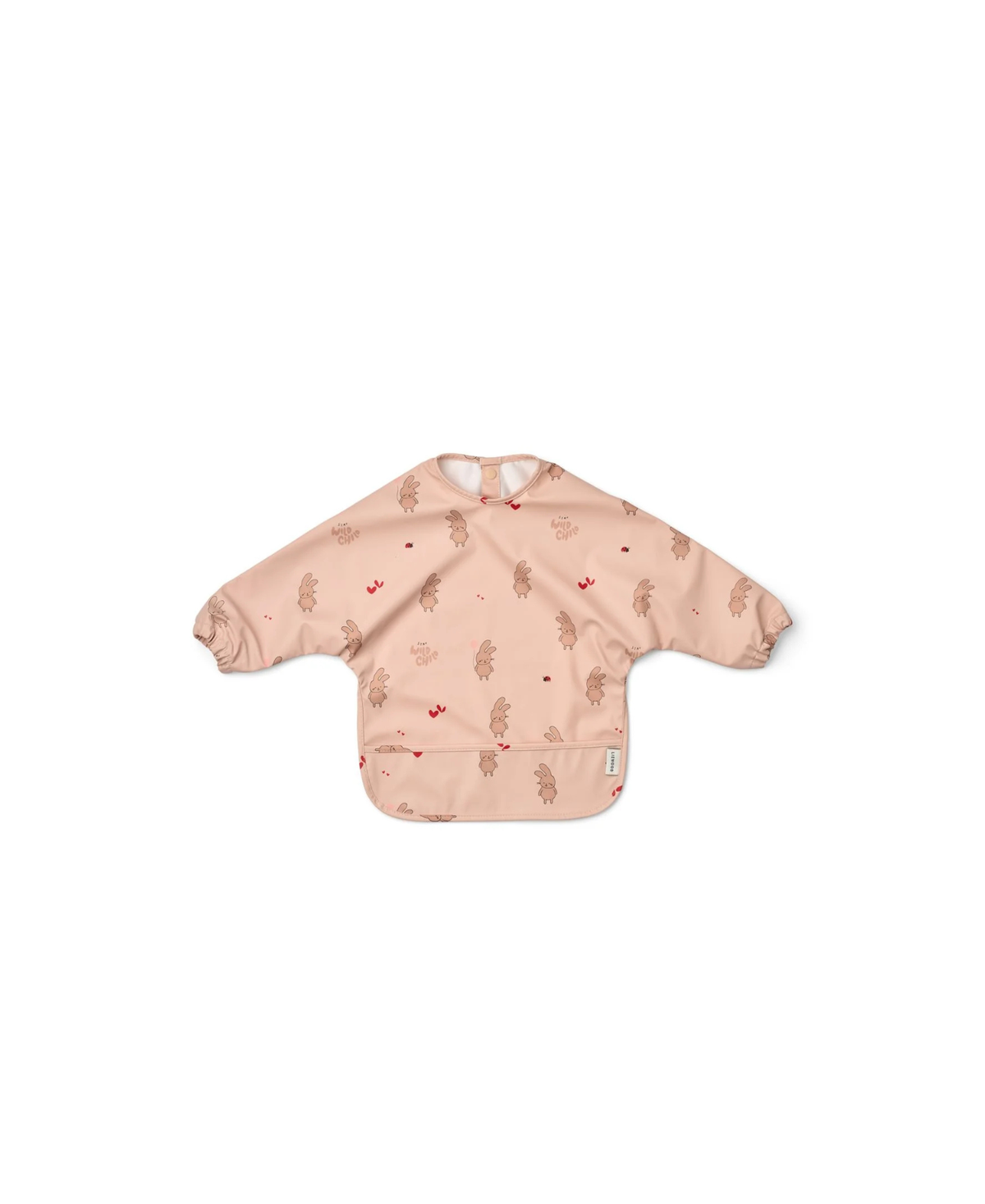 LIEWOOD bavoir Merle pink bib with bunny print and red hearts; long-sleeved with front pocket