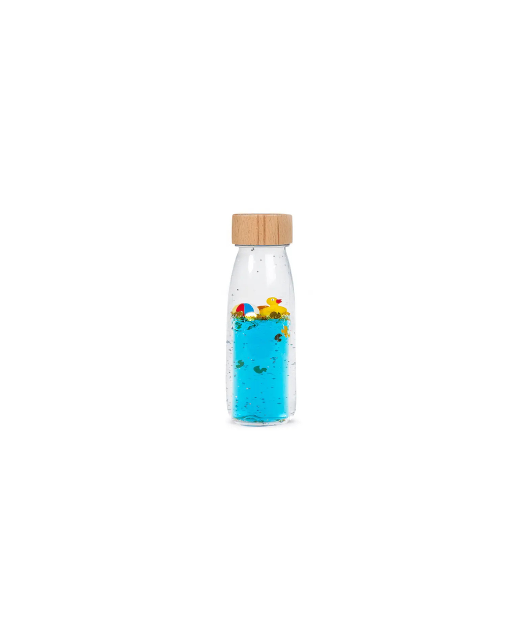 PETIT BOUM bouteille sensorielle move bottle ducky, liquide bleu avec canards flottants et bouchon en bois