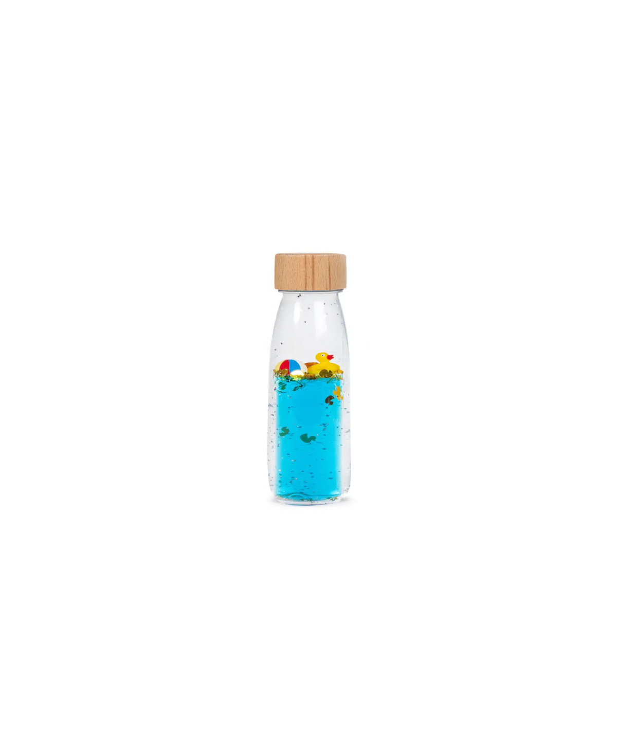 PETIT BOUM bouteille sensorielle move bottle ducky, liquide bleu avec canards flottants et bouchon en bois