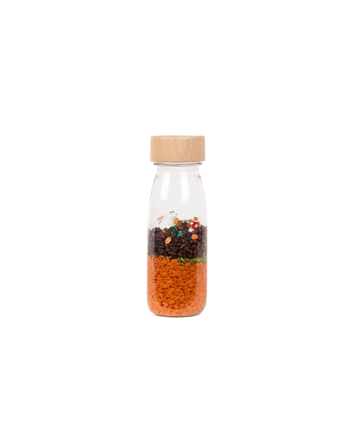 PETIT BOUM sensory bottle rabbit by Citron Grenadine; wooden cap, clear bottle with orange beads and rabbit motifs.