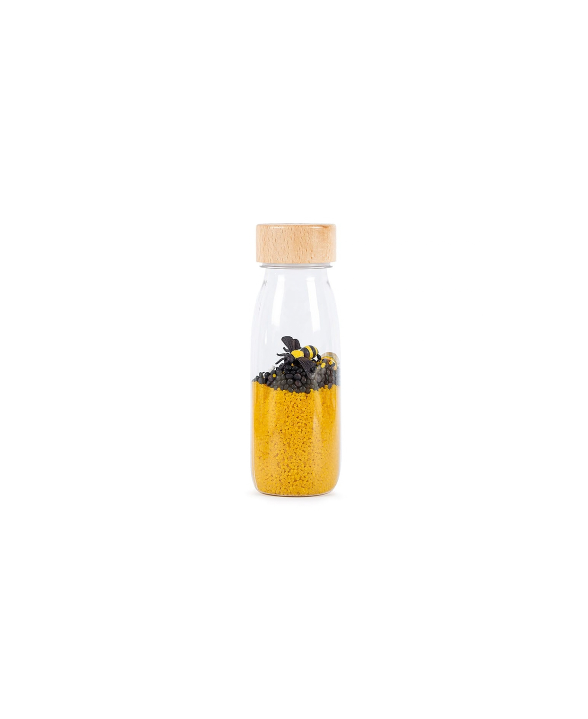 PETIT BOUM bouteille sensorielle en verre avec bouchon en bois, perles jaunes et abeilles noires – Citron Grenadine