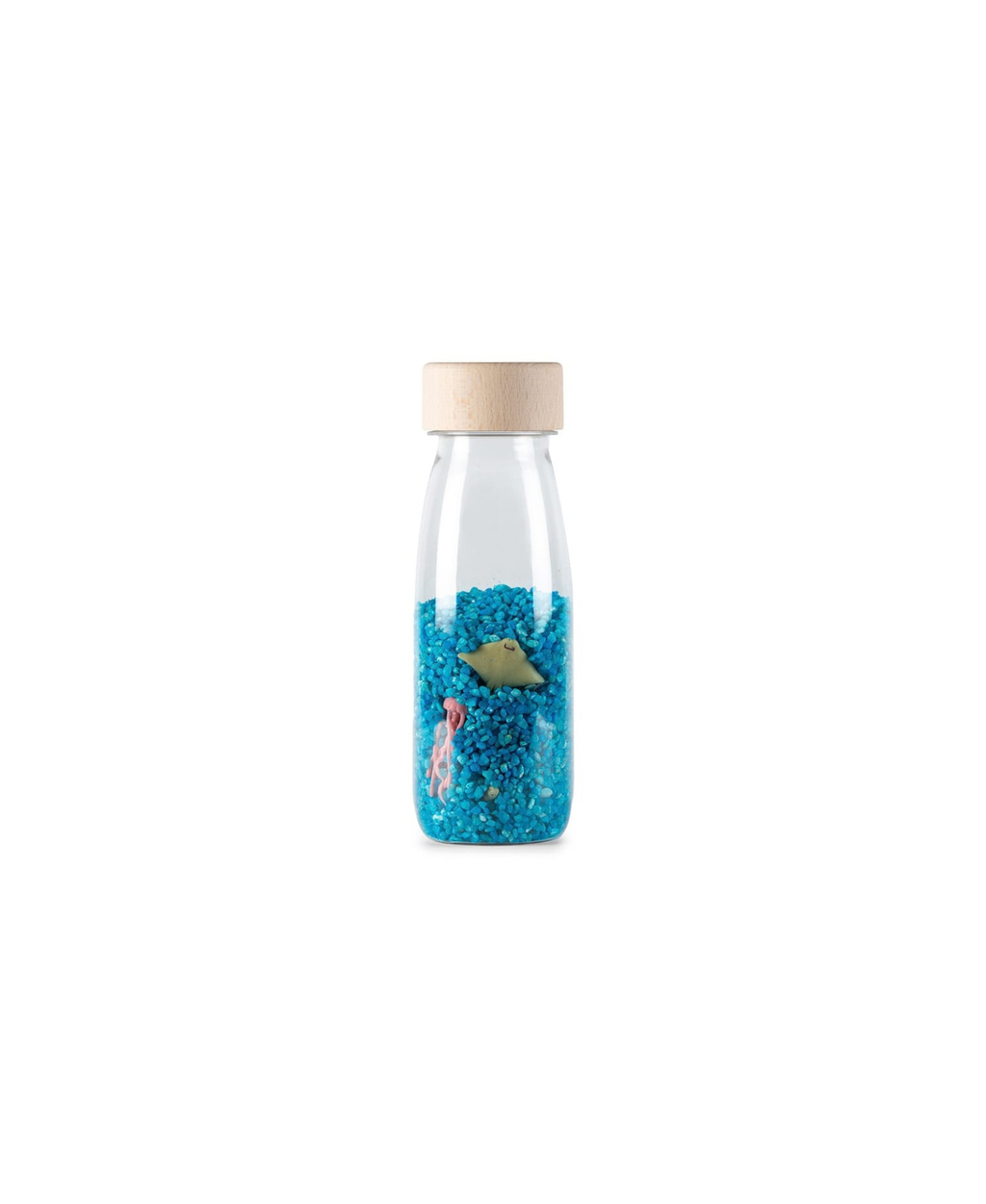 Petit Boum sensory bottle spy bottle sea; glass bottle with wooden cap, blue gravel, and tiny sea charms.