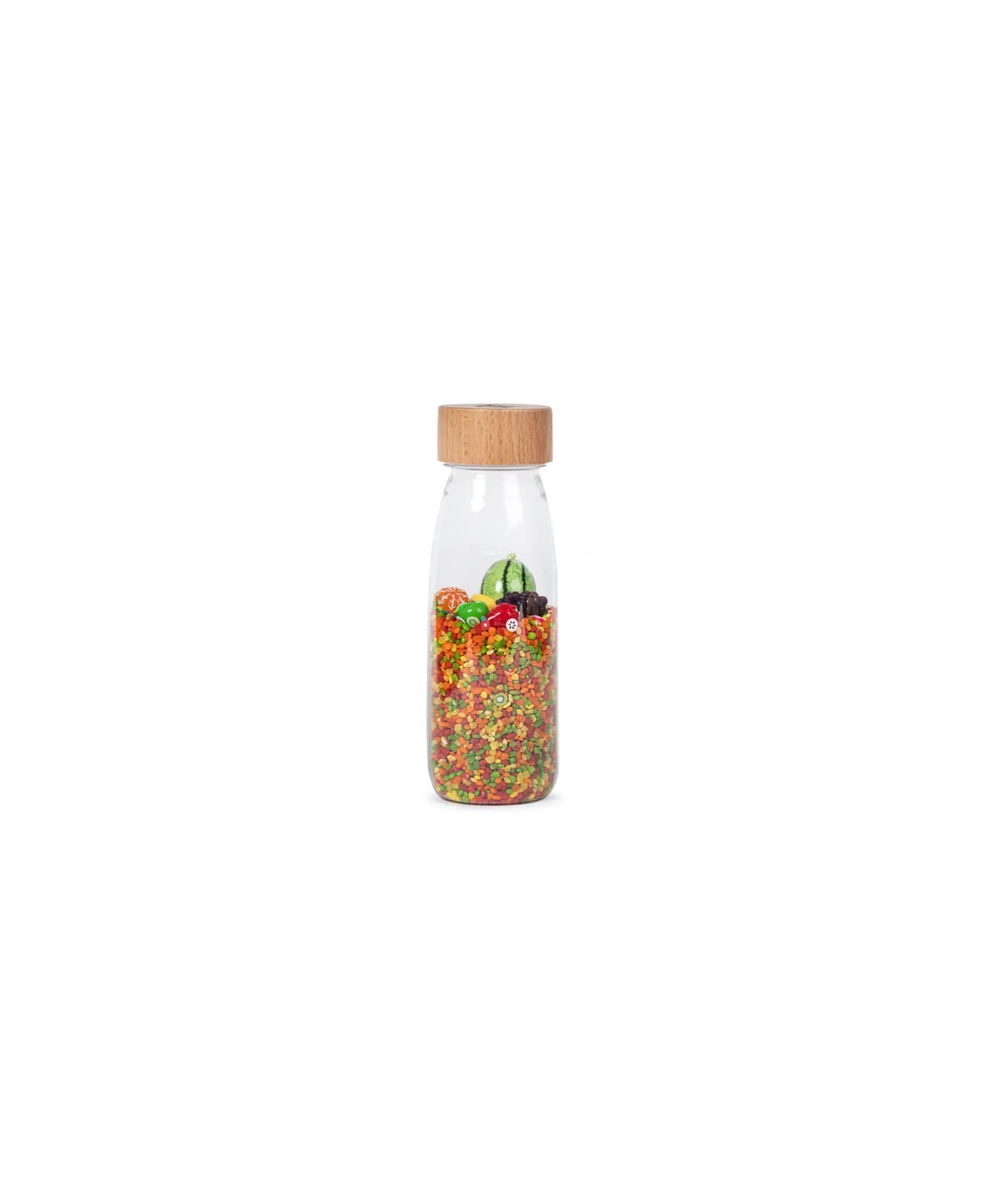 Bouteille sensorielle Petit Boum fruits, bouchon en bois et perles colorées