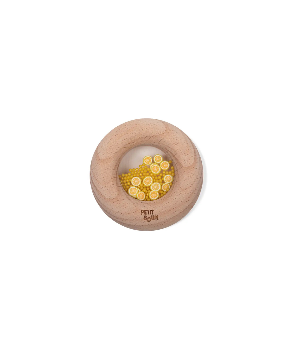 Petit Boum donut sensoriel teether with lemon beads in a natural wooden ring by Citron Grenadine