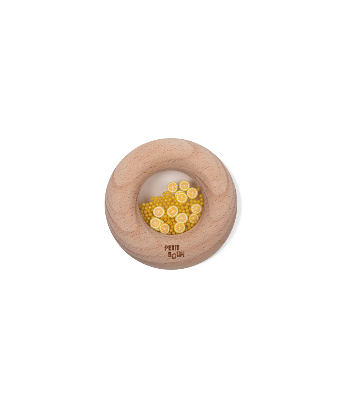 Petit Boum donut sensoriel teether with lemon beads in a natural wooden ring by Citron Grenadine