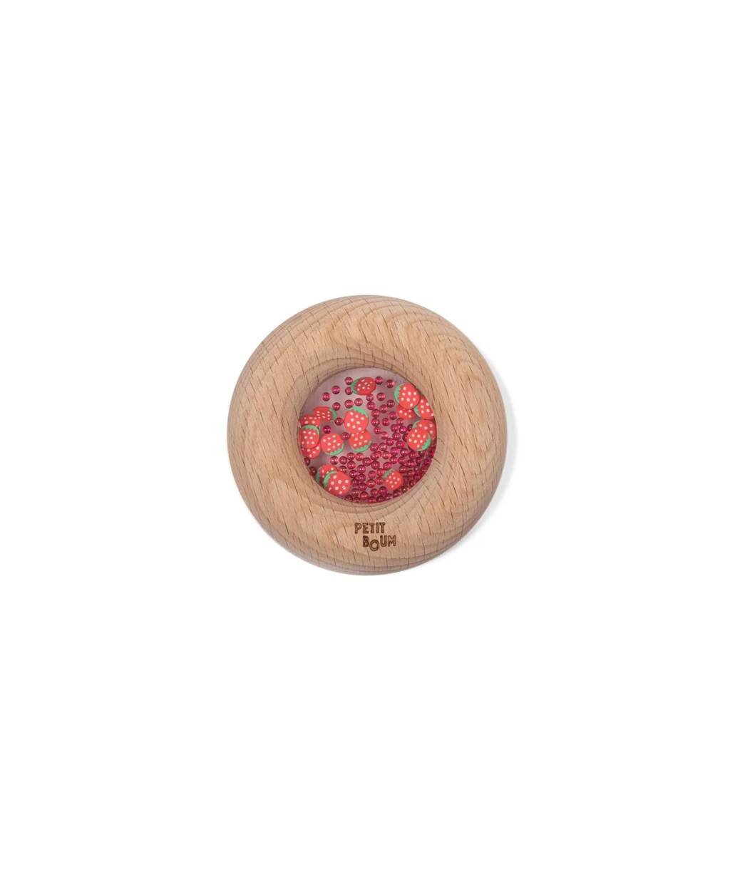 Petit Boum donut sensoriel en bois avec perles et fraises rouges; jouet de dentition