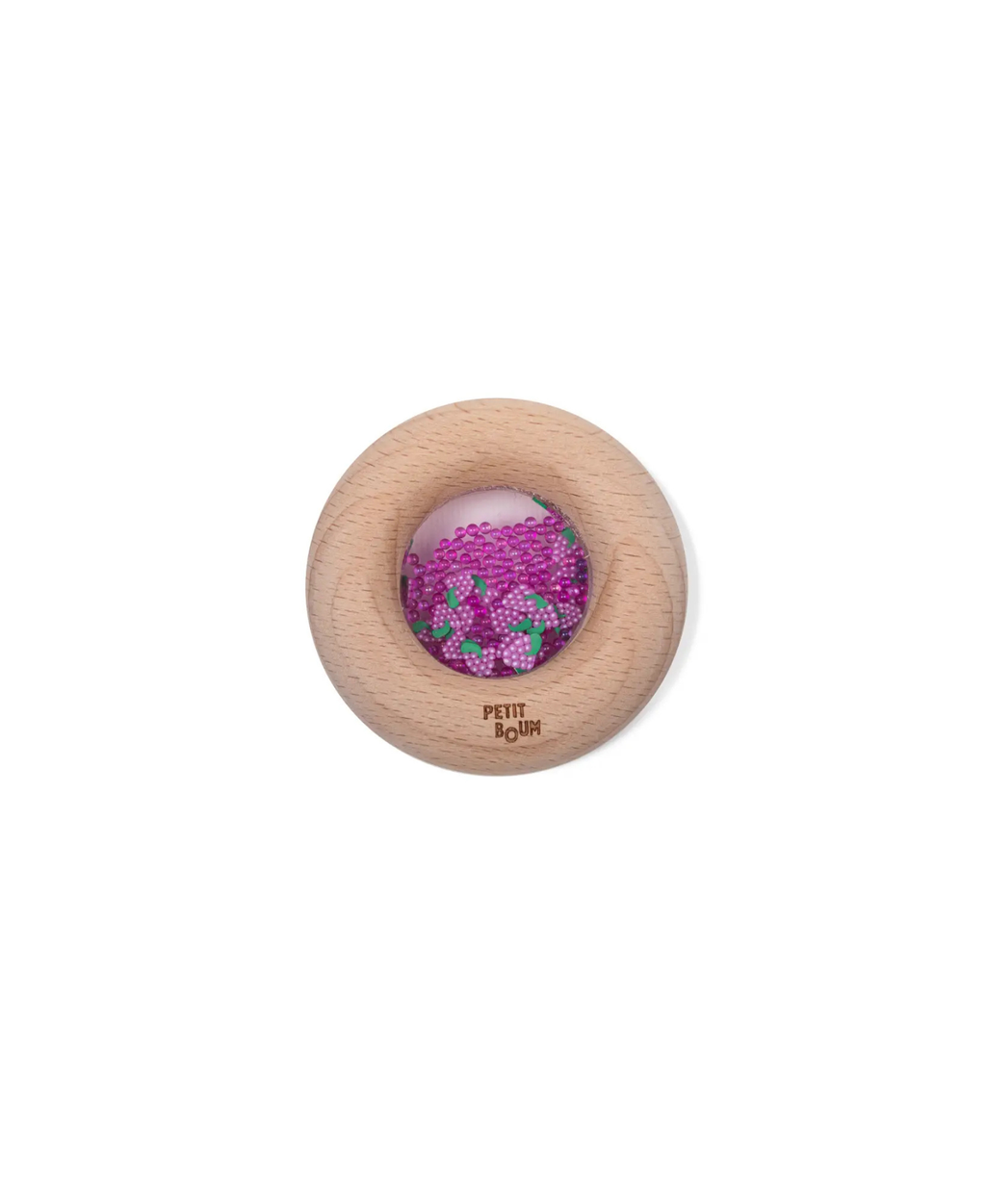 Petit Boum donut sensoriel teether in natural wood with purple beads by Citron Grenadine