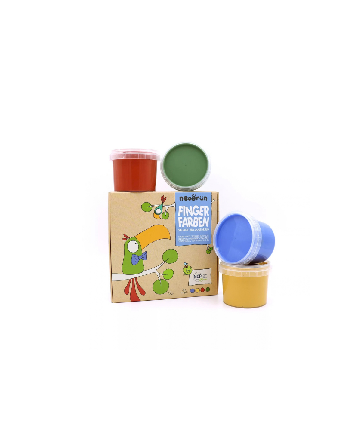 neogrün Fingerfarben Set aki; 4-color vegan bio finger paints in red, green, blue and yellow jars with illustrated box