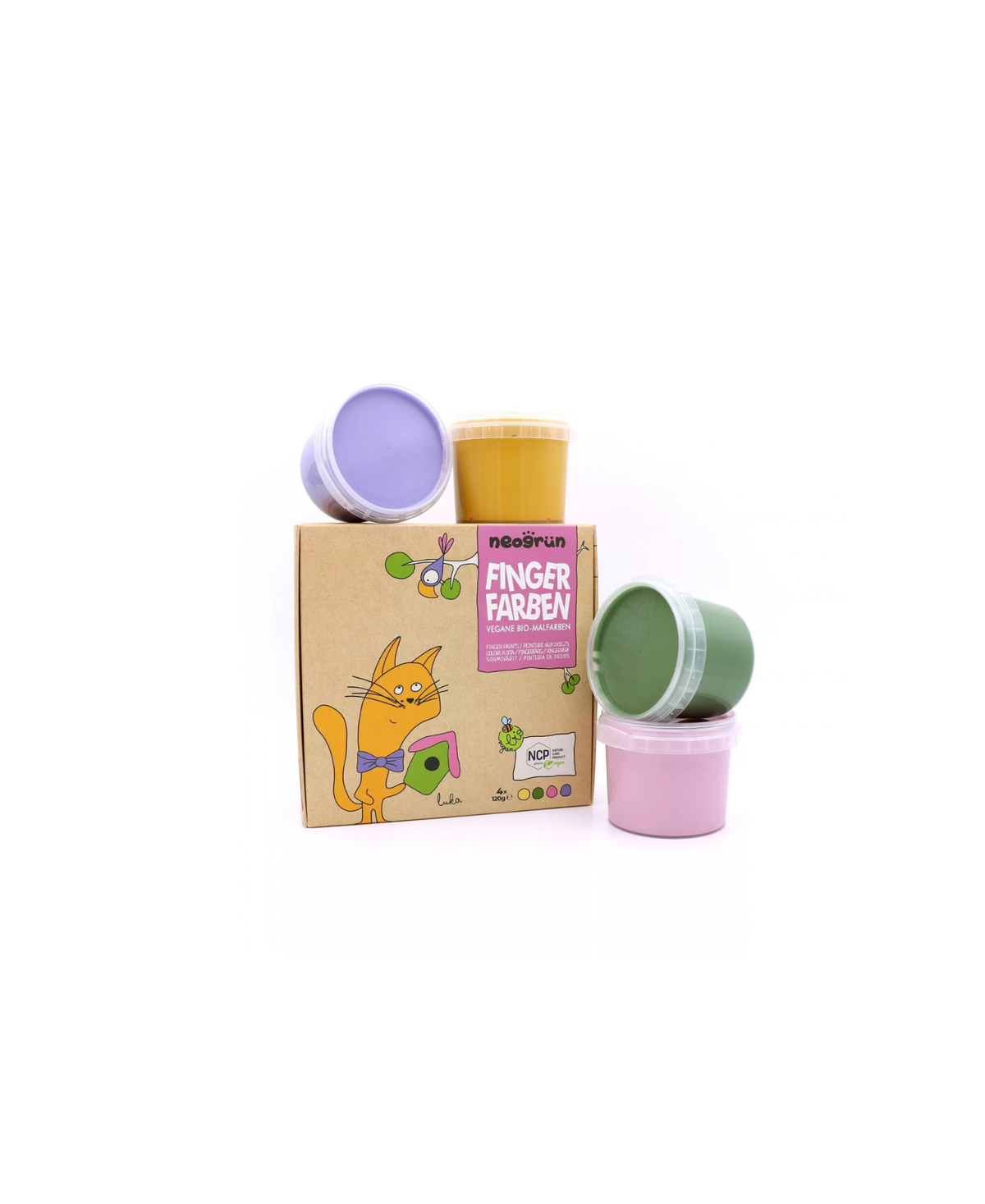NEOGRÜN peinture à doigts bio végan Luka – coffret illustré avec pots violet, jaune, vert et rose