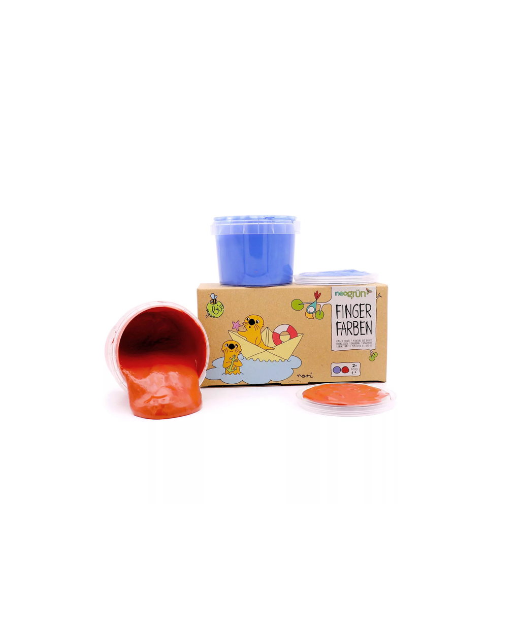 NEOGRÜN finger paints bio vegan bleu et rouge/orange, 2 pots sur boîte illustrée Citron Grenadine