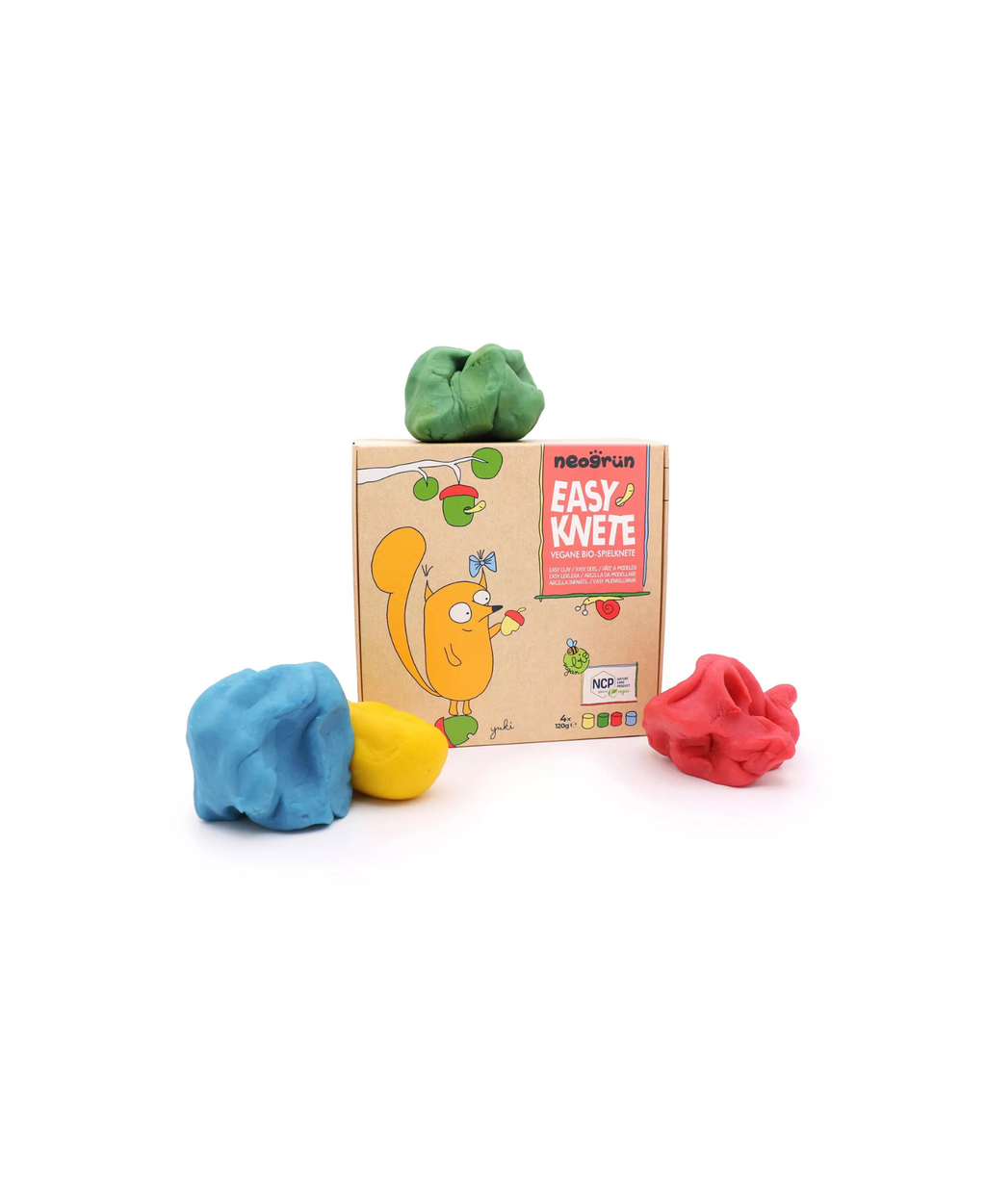 Neogrün vegan modeling clay set Yuki by Citron Grenadine; green clay on a box with blue, yellow and red clumps.