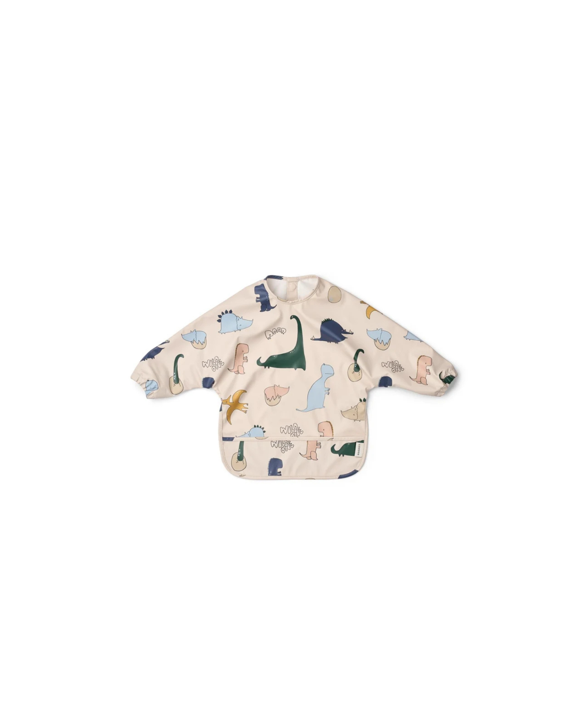 Bavoir LIEWOOD Merle dino roar sandy, beige long-sleeve smock bib with dinosaur prints