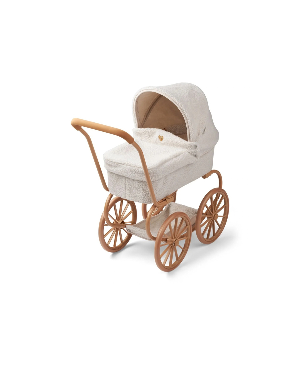 LIEWOOD landau poupée Adaline doll pram in cream faux shearling with tan wooden wheels