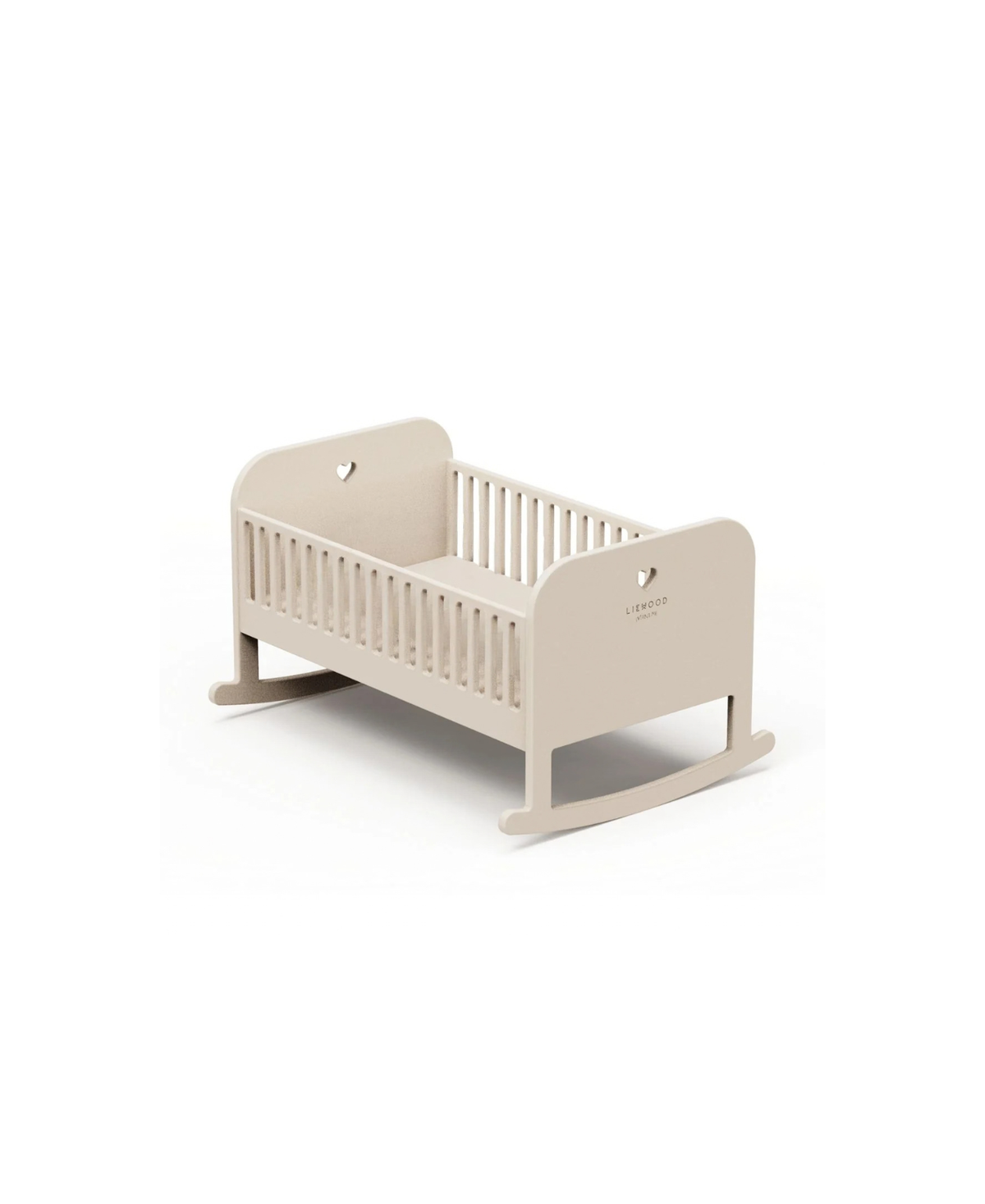 LIEWOOD doll bed Hennie in sandy beige with heart cutouts, rocking base.