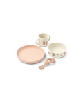Set repas bébé Vivi Wild Child Rosy par LIEWOOD; assiettes et bols blancs imprimés lapins, cuillère et accessoire rose