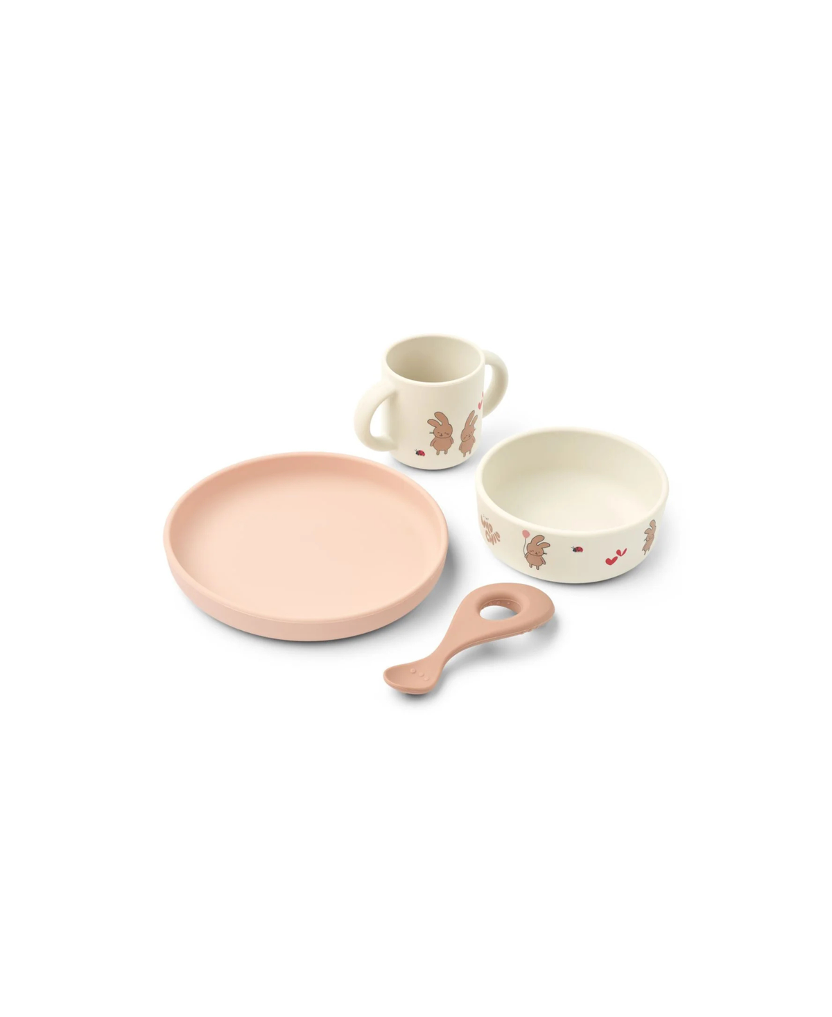 Set repas bébé Vivi Wild Child Rosy par LIEWOOD; assiettes et bols blancs imprimés lapins, cuillère et accessoire rose