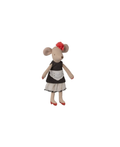 Poupée souris esthéticienne en tissu beige avec robe noire et tablier en dentelle blanche, fleur rouge sur la tête.