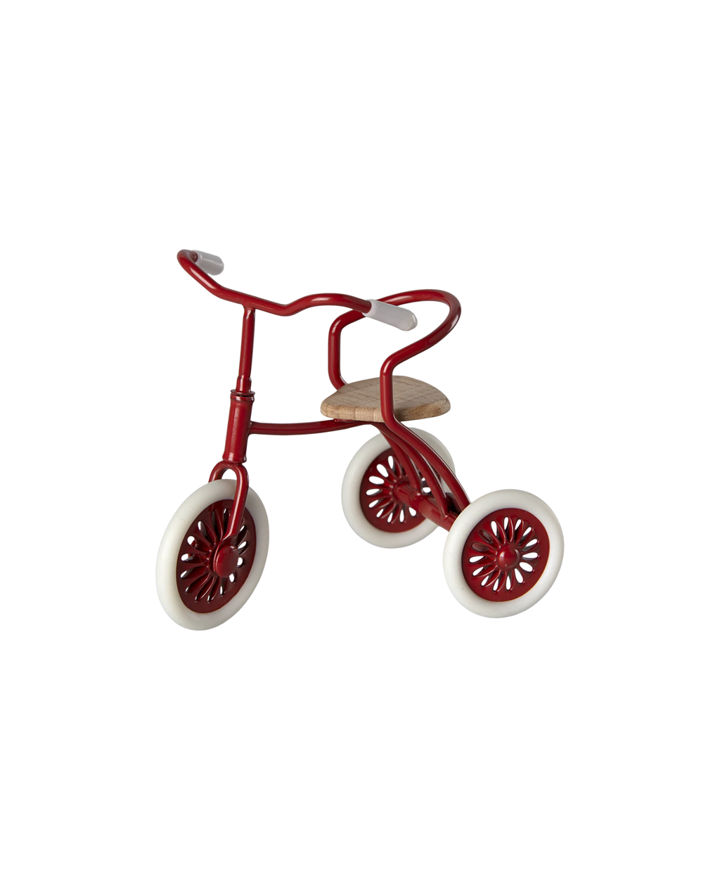 MAILEG abri à tricycle rouge pour poupées, cadre rouge, siège en bois et roues blanches