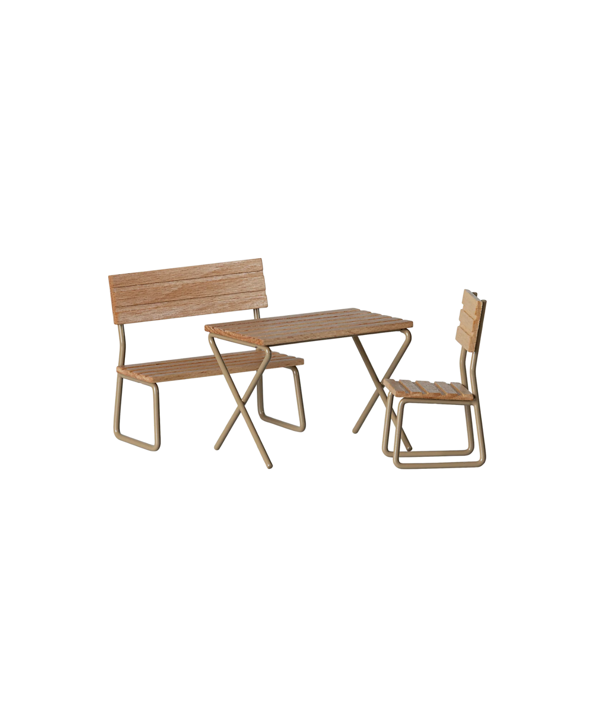MAILEG set jardin en bois pour maison de poupées: table, banc et chaise, 3 pièces