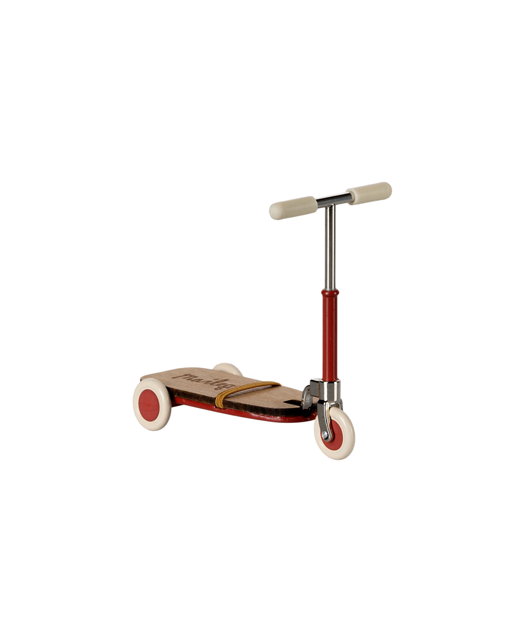 Trotinette Maileg rouge en bois, guidon métallique et roues blanches
