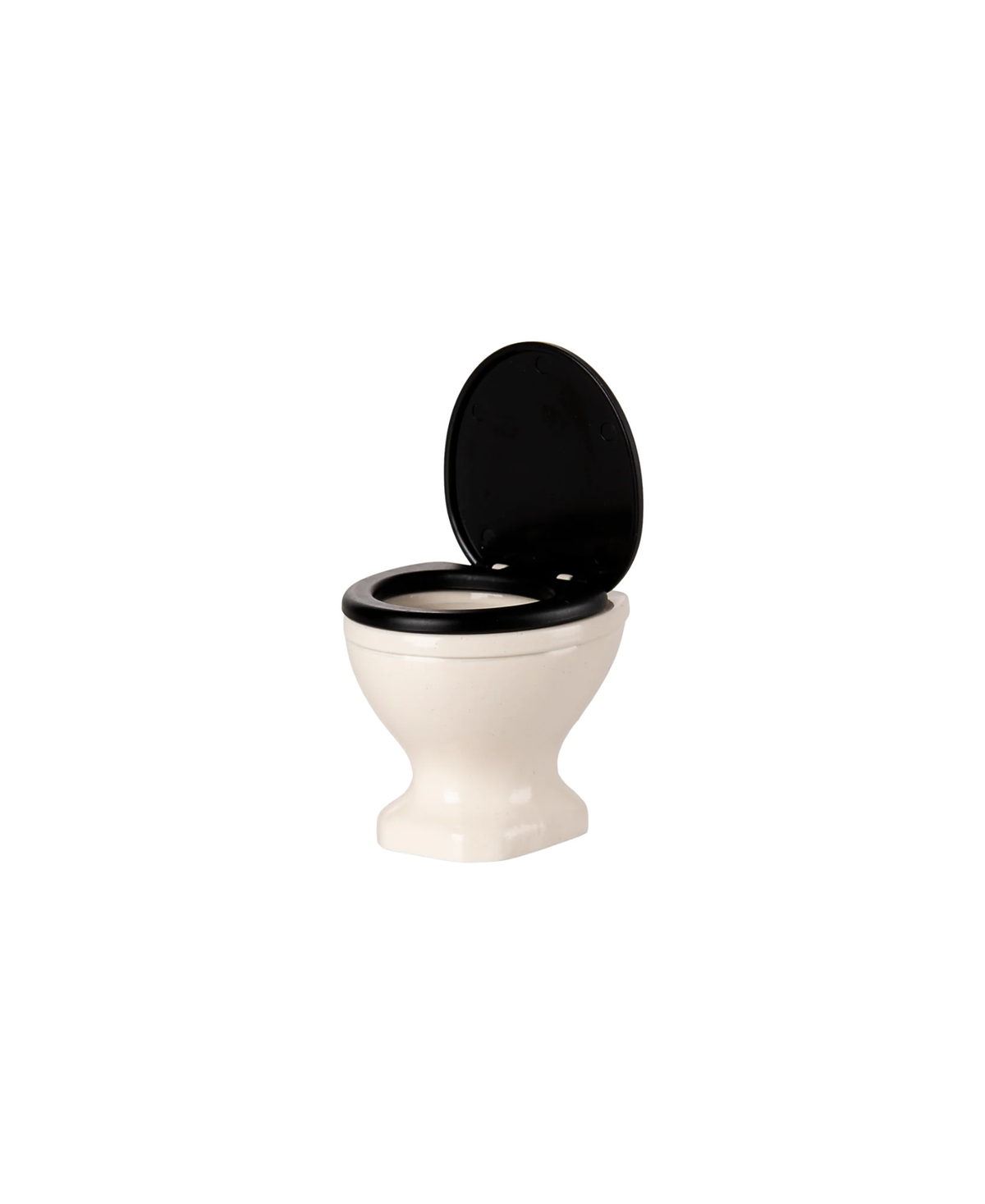 Miniature off-white dollhouse toilet with black lid; Citron Grenadine accessory.
