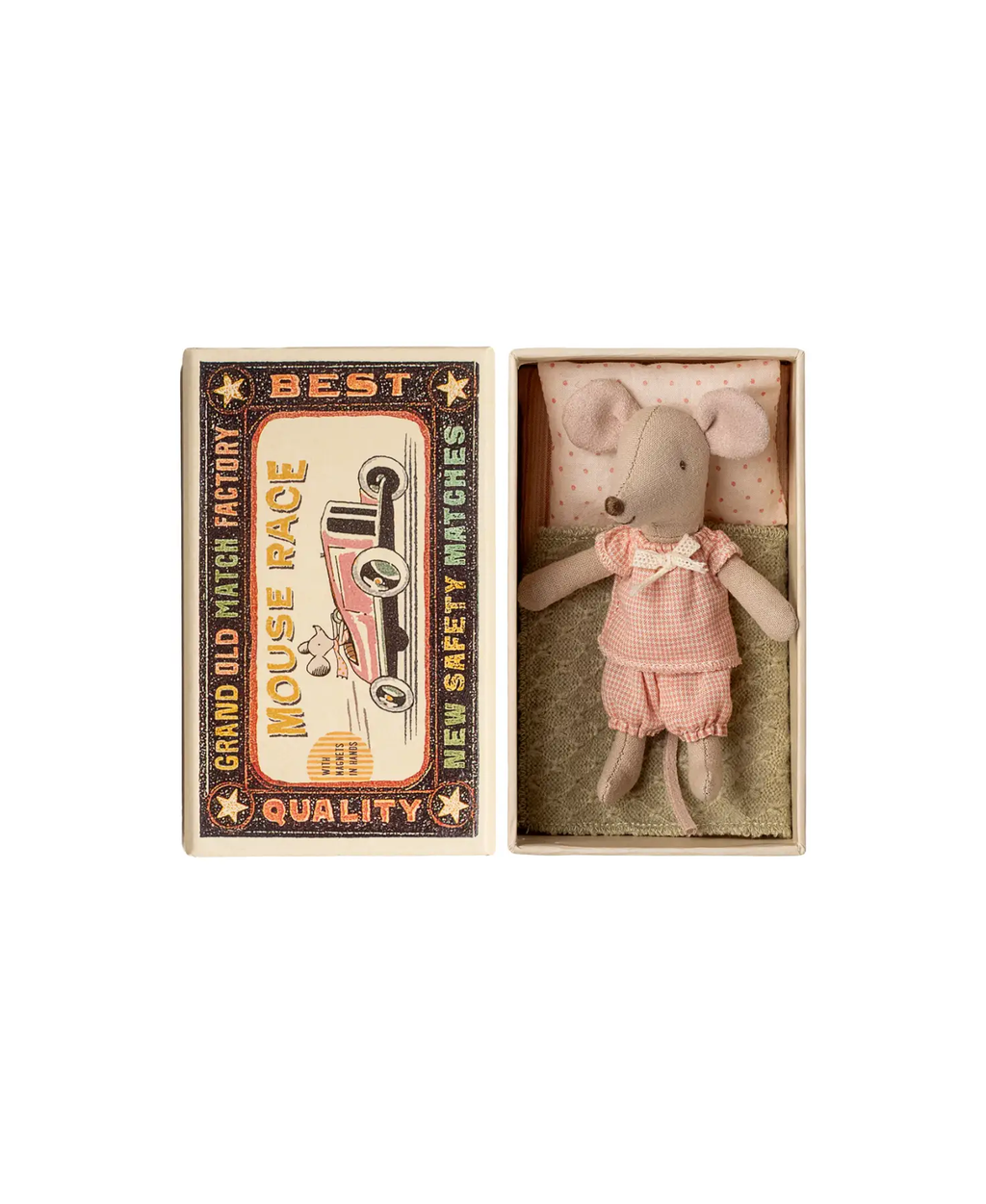 Maileg souris LouiMax & Stella in Citron Grenadine box; beige mouse in pink gingham dress