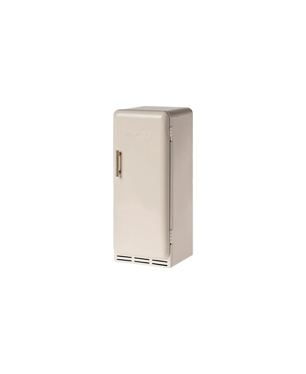 Maileg miniature fridge, cream metal with vertical door handle and bottom vent
