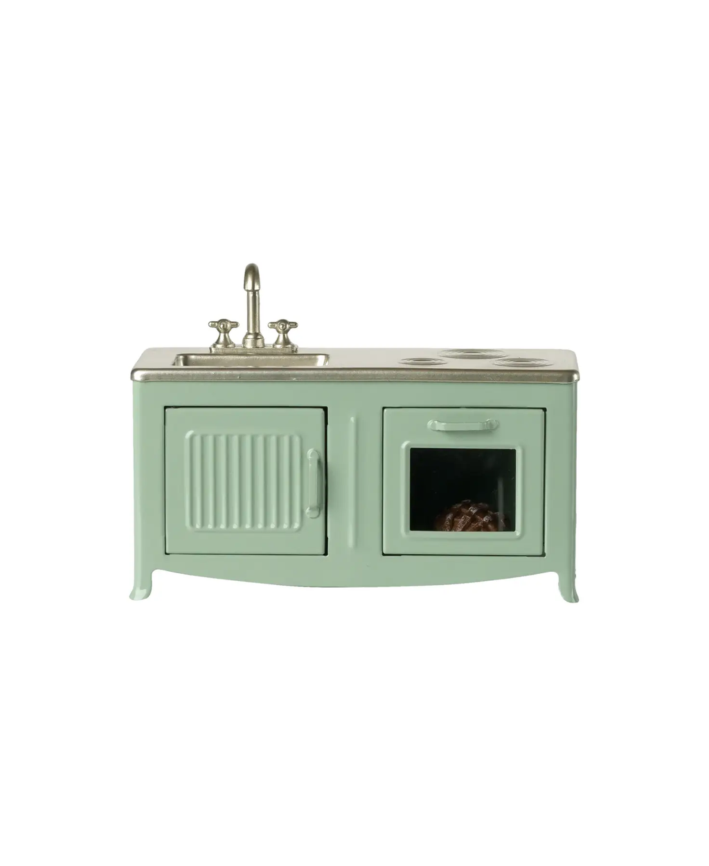 Cuisinière miniature vert menthe en métal avec évier et robinet, portes et four visibles