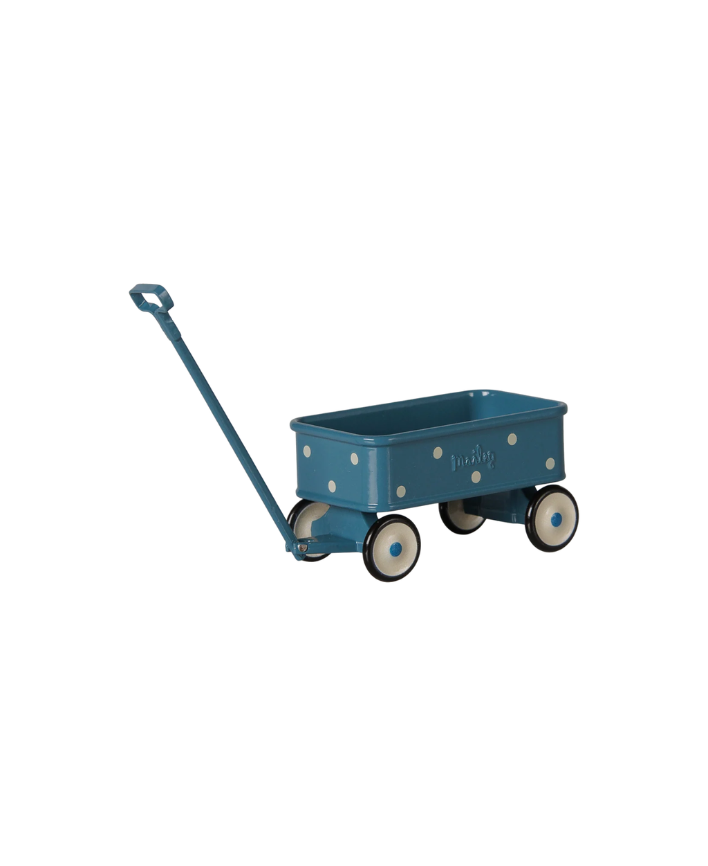 Chariot Maileg bleu pour maison de poupées, accessoire Citron Grenadine à pois blancs.